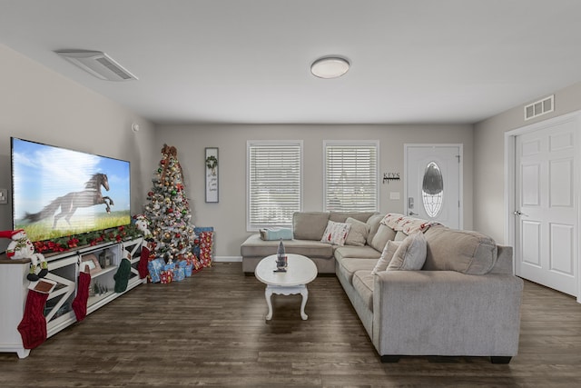 living room with dark hardwood / wood-style floors