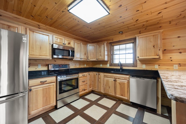 kitchen featuring sink, light brown cabinets, stainless steel appliances, wooden walls, and wood ceiling