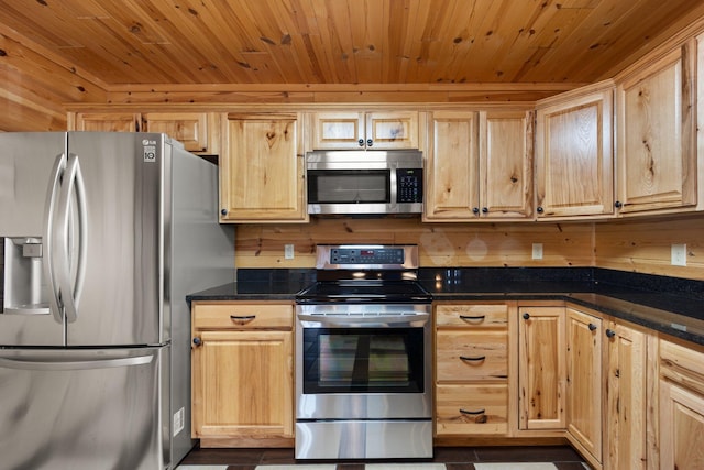 kitchen featuring wood ceiling, dark stone counters, and stainless steel appliances