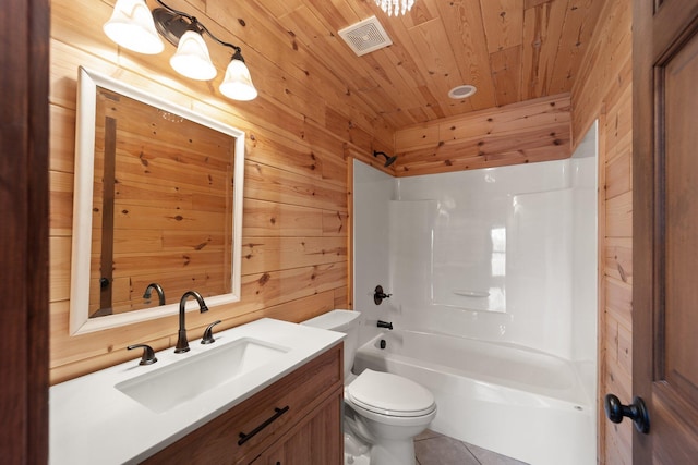 full bathroom featuring wooden walls, shower / washtub combination, wooden ceiling, and toilet