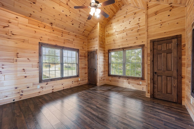 unfurnished room with dark hardwood / wood-style flooring, high vaulted ceiling, and wood walls