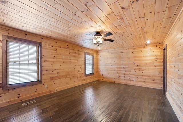 empty room with wooden walls, ceiling fan, wooden ceiling, and dark hardwood / wood-style floors