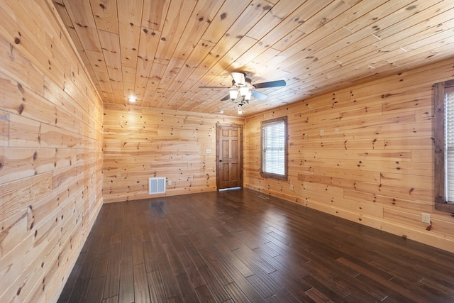 spare room featuring ceiling fan, wood walls, wood-type flooring, and wood ceiling