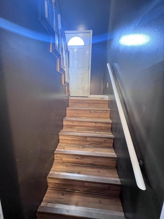 staircase featuring wood-type flooring