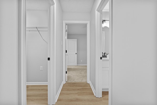 hallway with a textured ceiling and light hardwood / wood-style floors