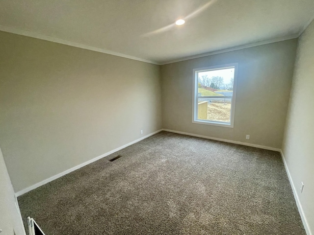 spare room with ornamental molding and carpet flooring