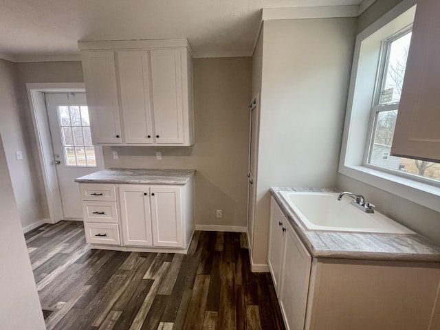 laundry room with dark hardwood / wood-style flooring, sink, and ornamental molding