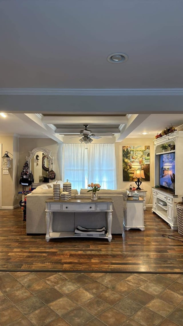 living room with ceiling fan and ornamental molding