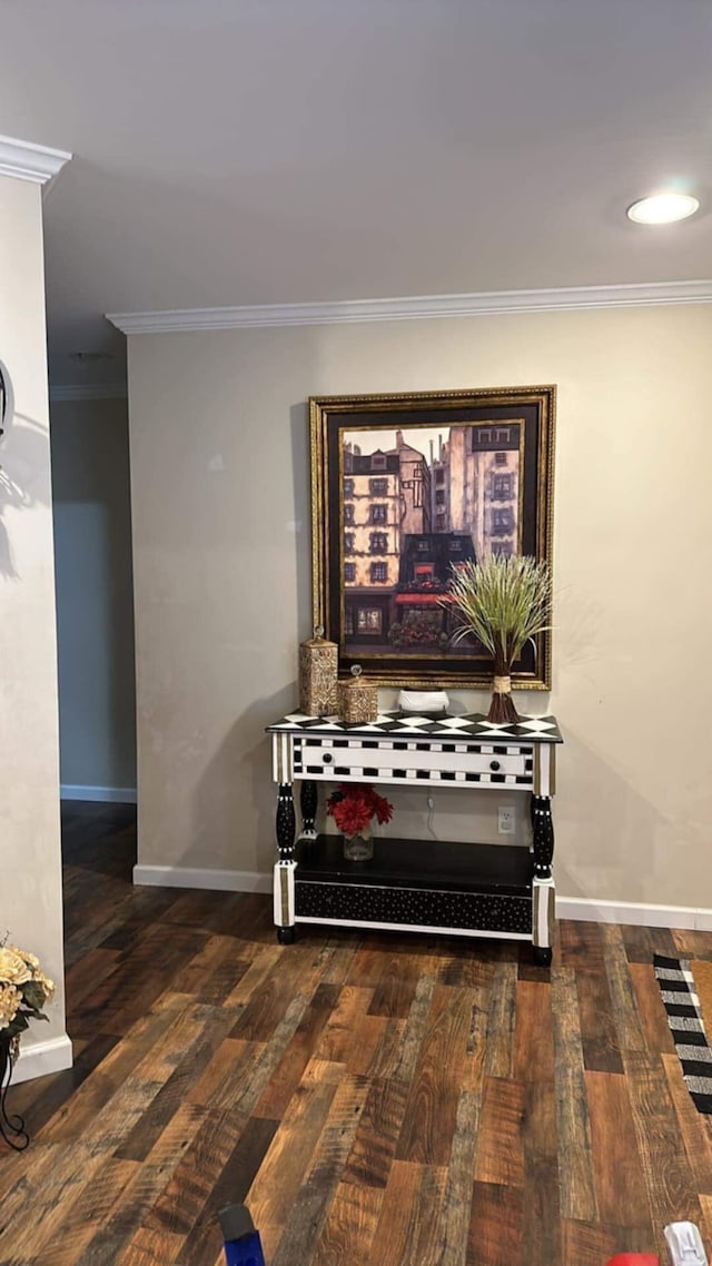 interior space with crown molding and dark hardwood / wood-style floors