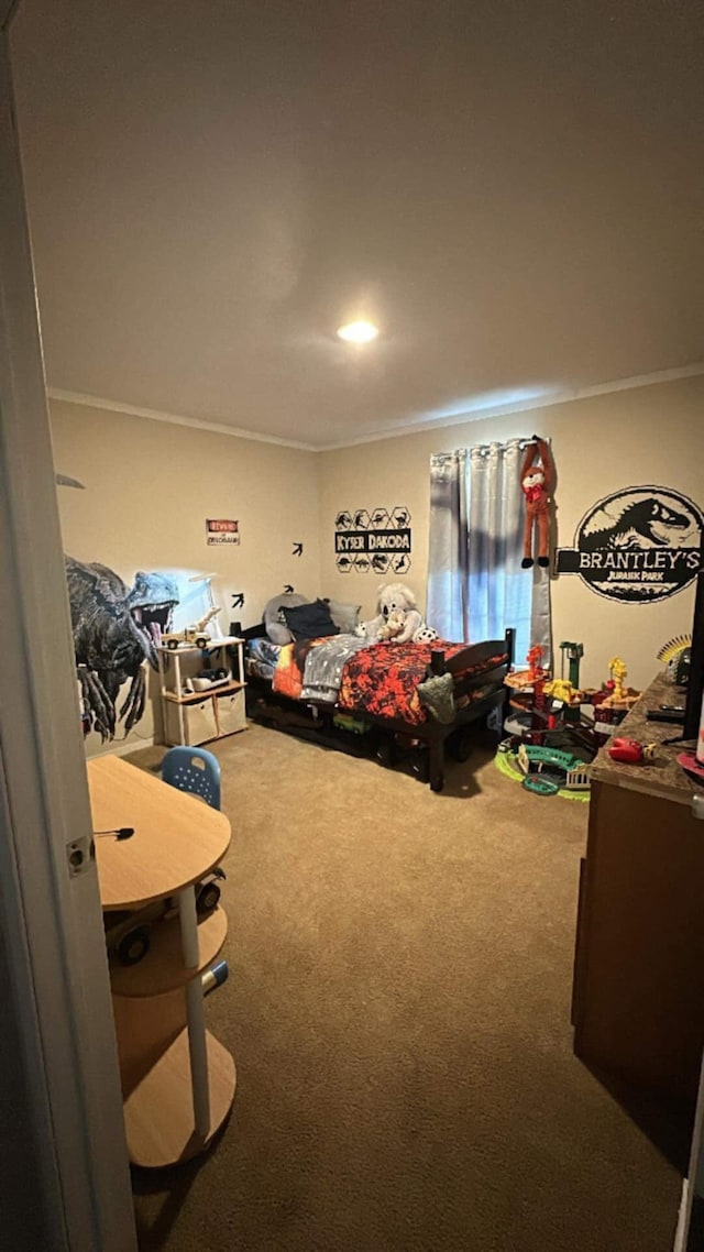 bedroom with crown molding and carpet flooring