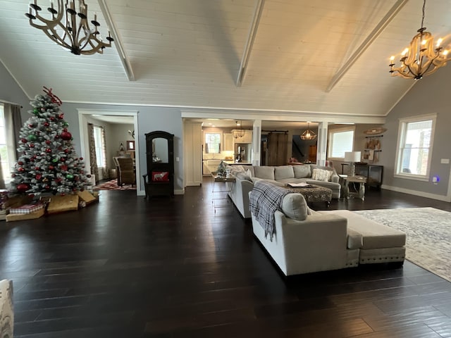 living room with dark hardwood / wood-style flooring, high vaulted ceiling, wooden ceiling, and beamed ceiling