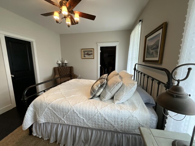 carpeted bedroom featuring a walk in closet, ceiling fan, and a closet