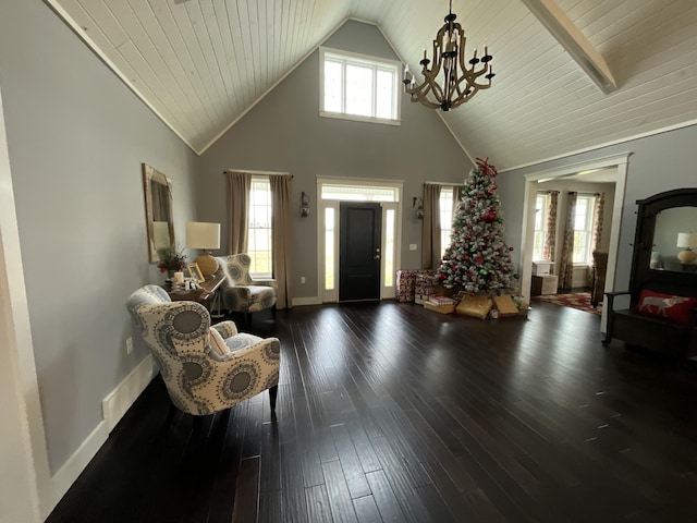 living area with wood ceiling, a chandelier, high vaulted ceiling, and dark wood-type flooring