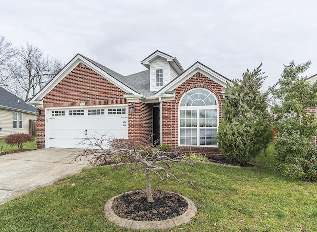 front facade with a garage and a front lawn