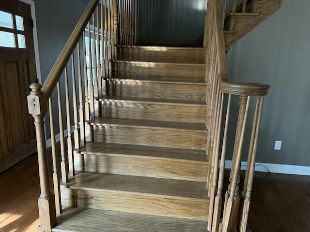 staircase with wood-type flooring