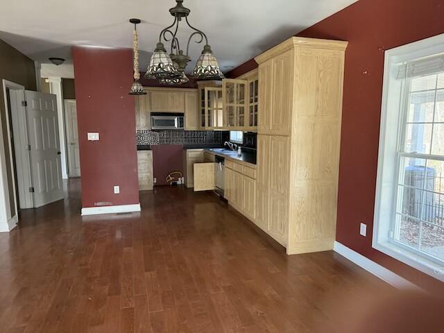 kitchen with pendant lighting, backsplash, sink, dark hardwood / wood-style floors, and appliances with stainless steel finishes