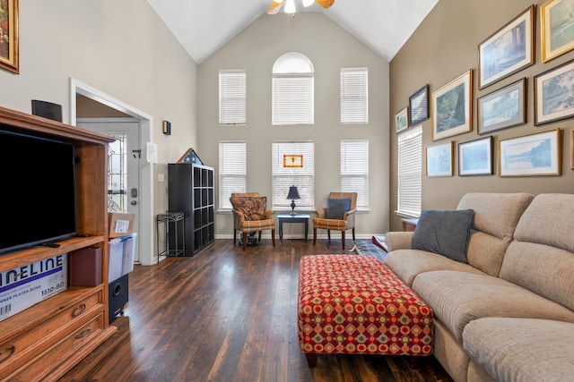 living room featuring high vaulted ceiling, dark hardwood / wood-style floors, and a wealth of natural light