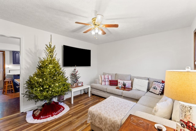 living room featuring a textured ceiling, ceiling fan, and dark hardwood / wood-style floors