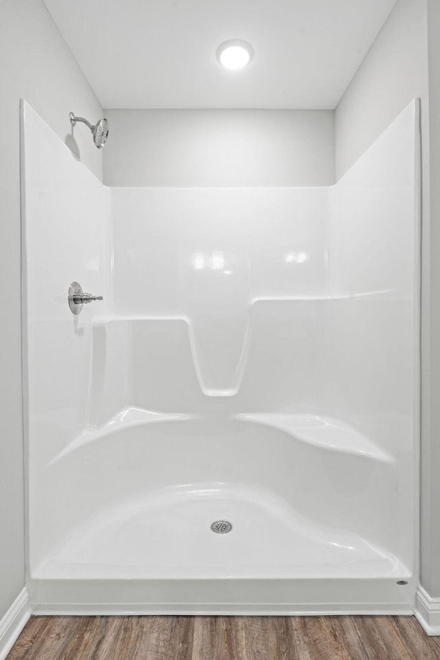 bathroom with hardwood / wood-style floors and a shower