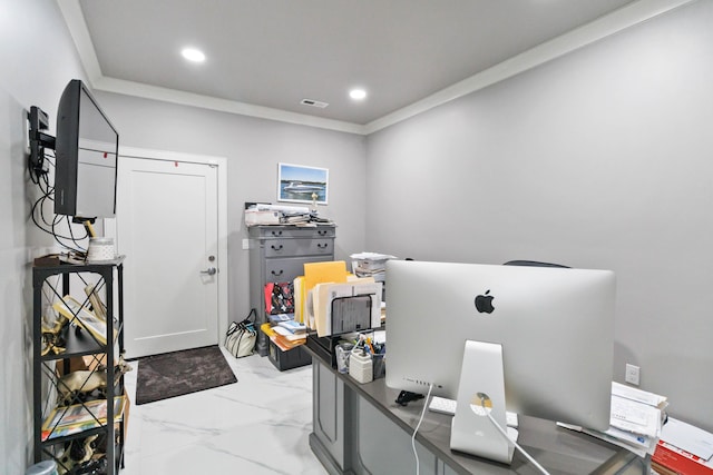 home office featuring crown molding