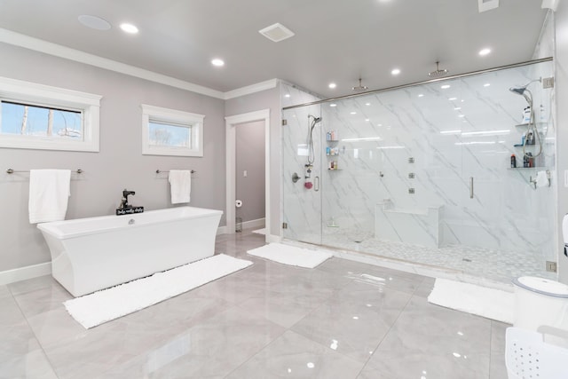 bathroom with independent shower and bath and ornamental molding