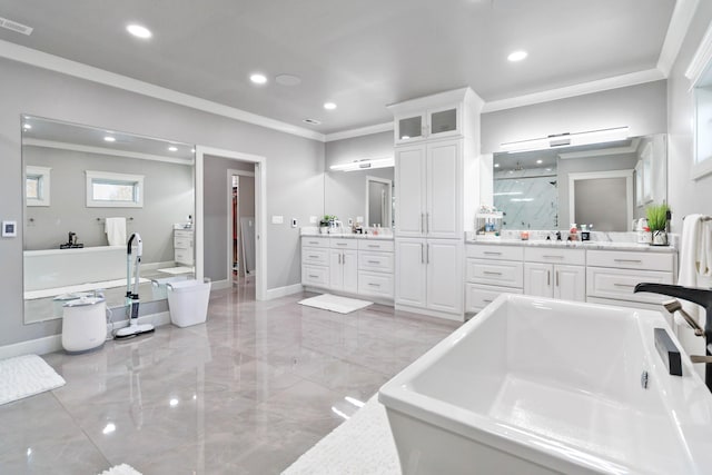 bathroom with vanity, separate shower and tub, and crown molding