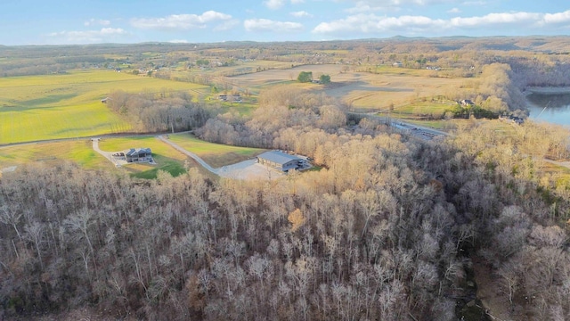 bird's eye view featuring a rural view and a water view