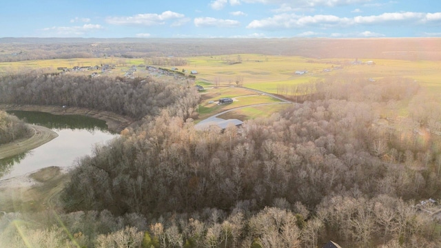 bird's eye view featuring a rural view and a water view