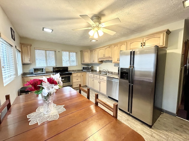 kitchen with appliances with stainless steel finishes, light wood-type flooring, light brown cabinetry, ceiling fan, and sink