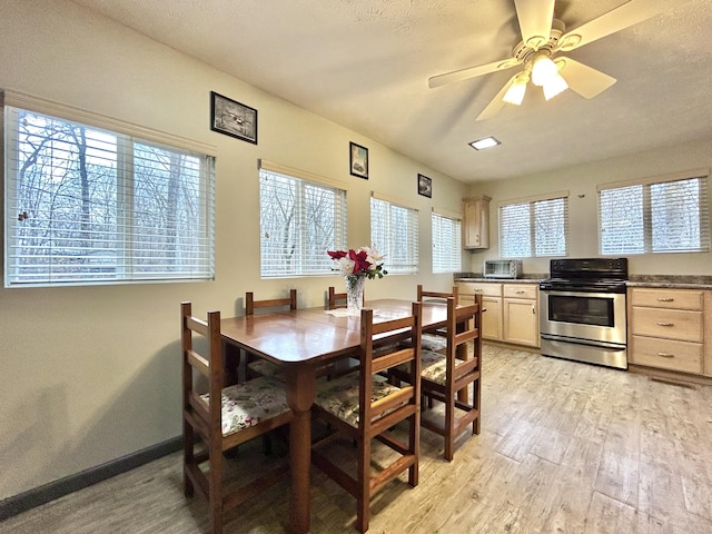 dining space featuring a textured ceiling, light wood-type flooring, a wealth of natural light, and ceiling fan