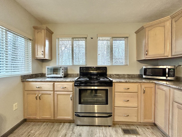 kitchen featuring light brown cabinetry, stainless steel appliances, and light hardwood / wood-style floors