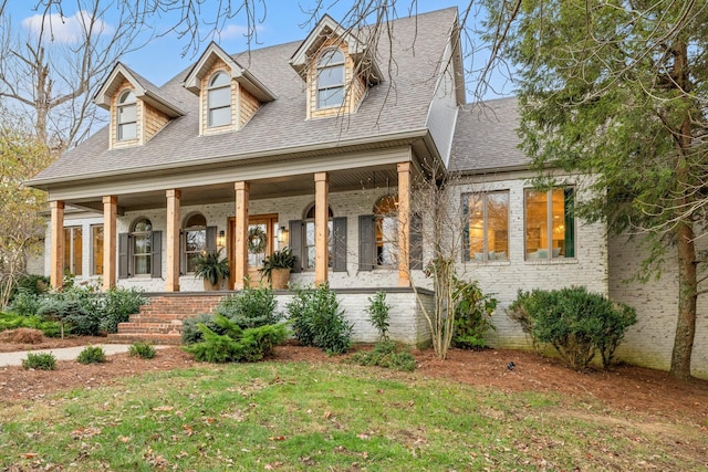 cape cod house featuring a front yard and a porch