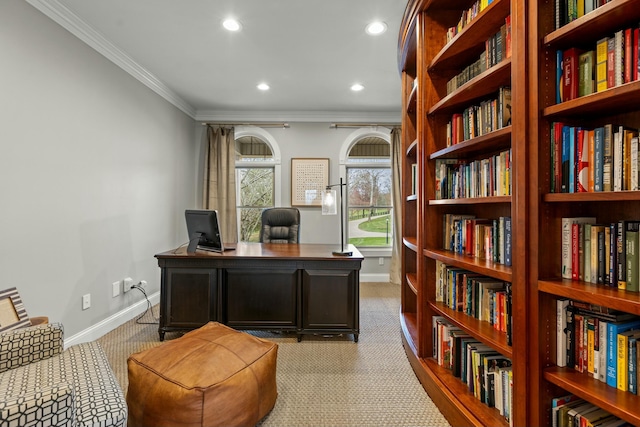 carpeted office space with crown molding