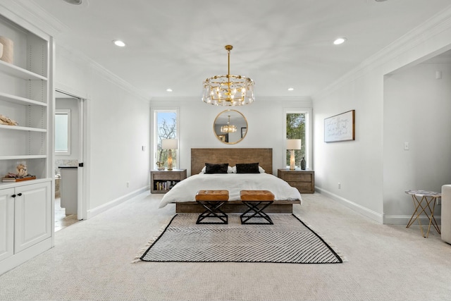 carpeted bedroom with an inviting chandelier and ornamental molding