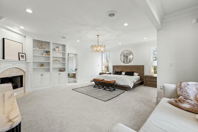 carpeted bedroom featuring a notable chandelier, a premium fireplace, crown molding, and multiple windows