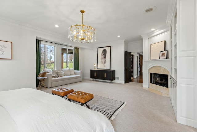 bedroom featuring light carpet, a high end fireplace, ornamental molding, and an inviting chandelier