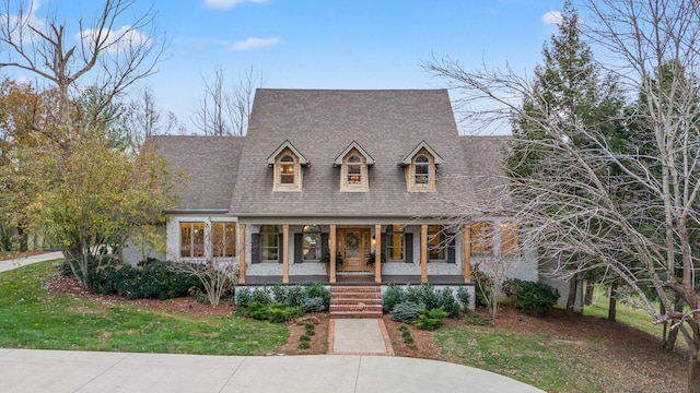 cape cod house featuring a porch and a front lawn