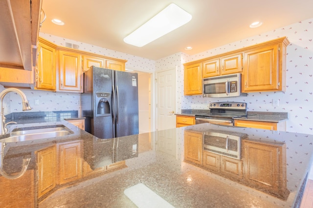 kitchen featuring stone counters, appliances with stainless steel finishes, and sink