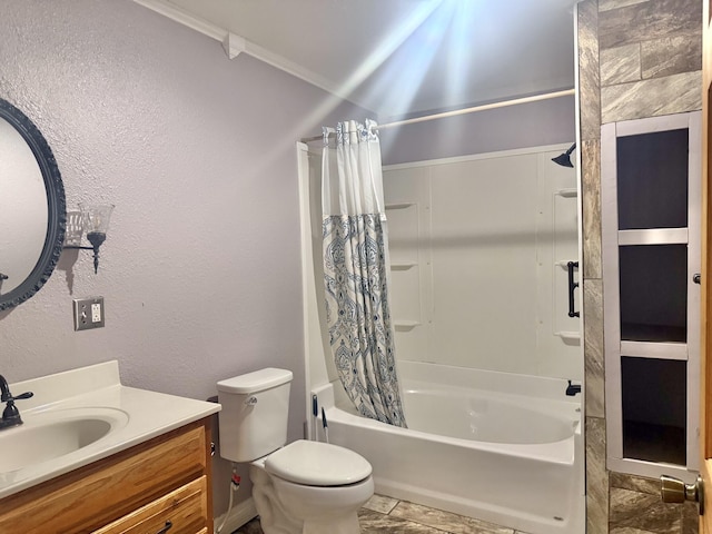 full bathroom with vanity, toilet, shower / bathtub combination with curtain, and ornamental molding