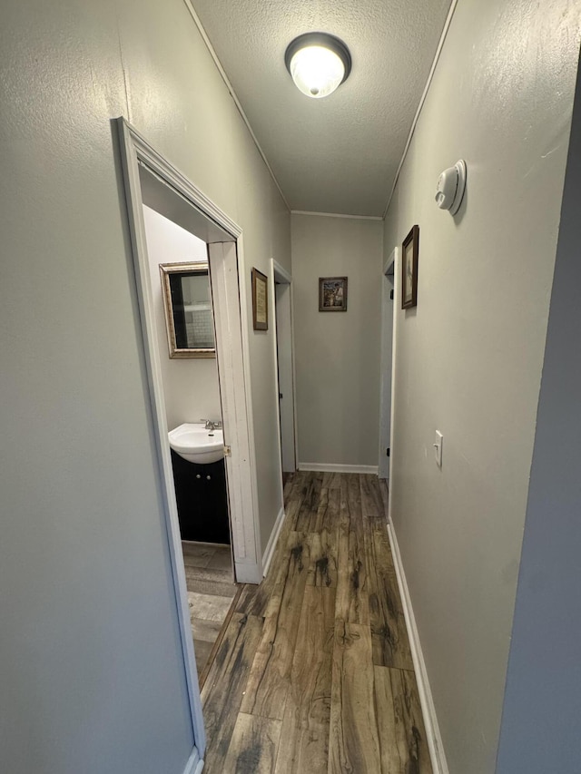 hallway with wood-type flooring, sink, crown molding, and a textured ceiling