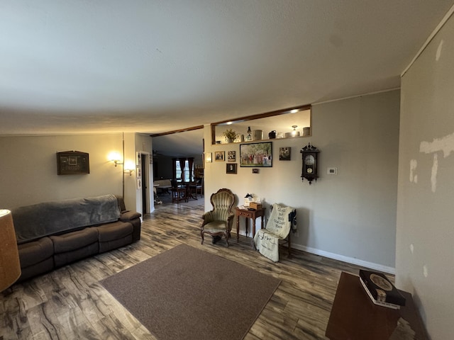 living room with wood-type flooring and lofted ceiling