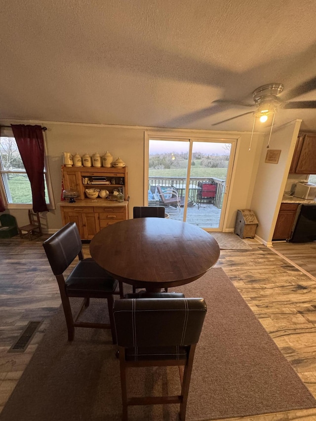 dining room with ceiling fan, hardwood / wood-style floors, and a textured ceiling