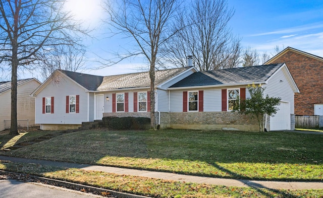 ranch-style home featuring stone siding, a front yard, and fence