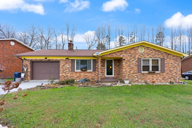 ranch-style home featuring a garage and a front lawn