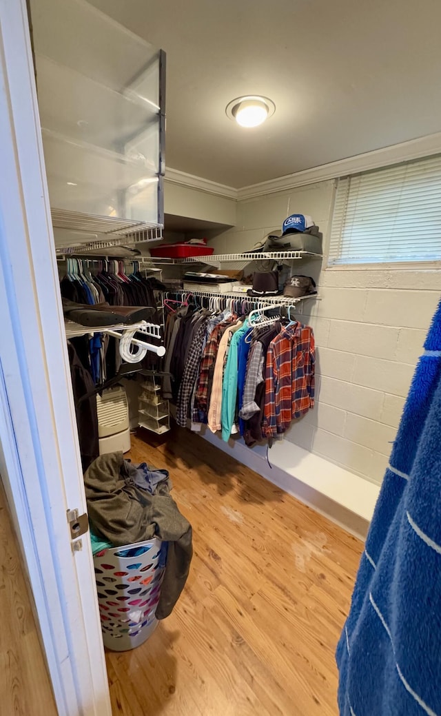 walk in closet with wood-type flooring