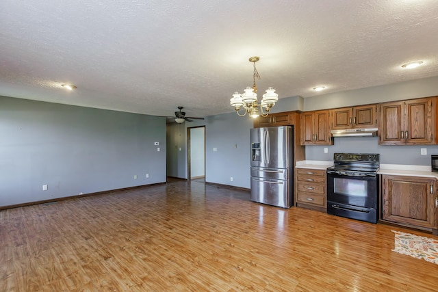 kitchen with stainless steel fridge with ice dispenser, electric range, ceiling fan with notable chandelier, and light wood-type flooring