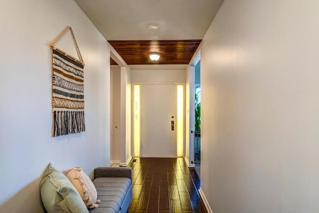 corridor featuring wood ceiling