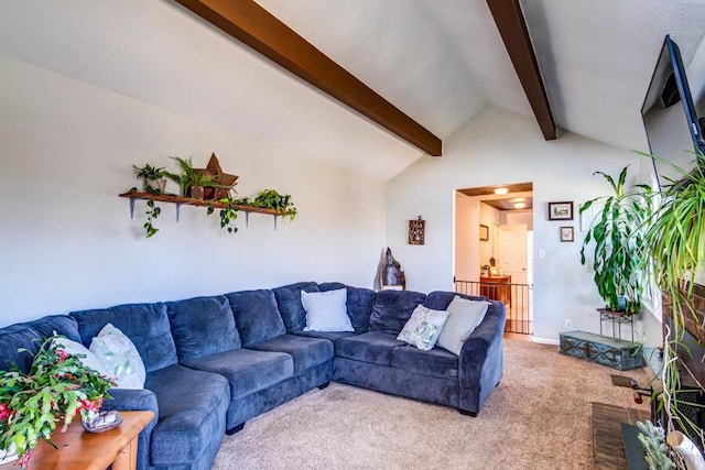 living room featuring carpet and vaulted ceiling with beams