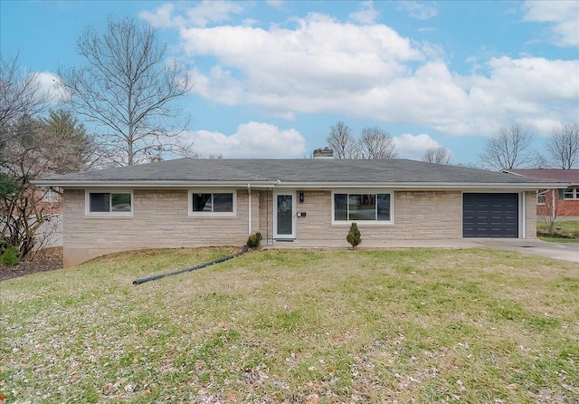 single story home with a garage and a front yard