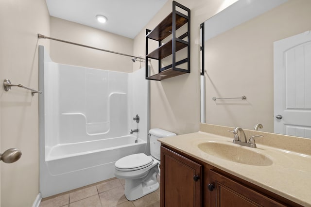 full bath featuring toilet, shower / tub combination, vanity, and tile patterned flooring